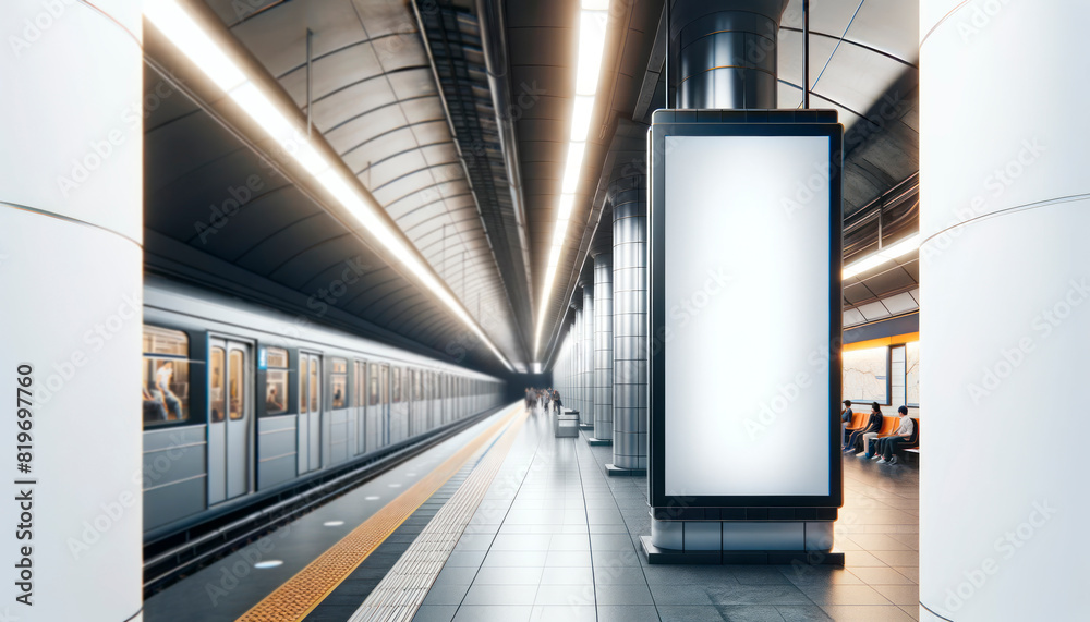 Poster an empty billboard in a subway station, ideal for advertising, with a modern design on a bright back