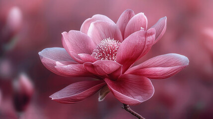   A close-up image of a pink flower on a stem surrounded by a fuzzy background of various pink blossoms