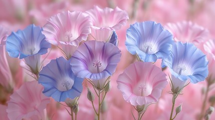   Pink and blue flowers in front of a pink and white background, with blue flowers in the foreground