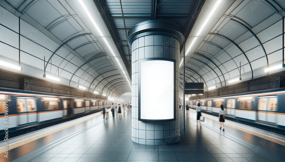 Poster an empty advertising billboard in a metro station with a passing train, metallic modern architecture