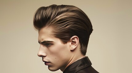 hair with volume on top, slicked back or pushed slightly to the side, while keeping the sides and back neatly trimme 