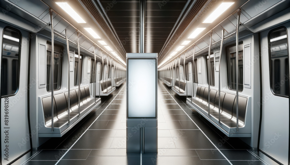 Aufkleber mockup of a blank advertising billboard inside an empty metro carriage with modern design, lit by ov