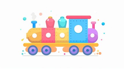   A colorful toy train rests on a white table near a bottle and cup
