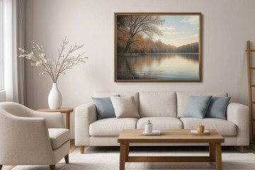 a large framed picture of the winter lake in an elegant living room with sofa and coffee table, a painting hanging on wall