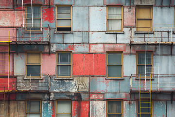 urban building facade with colorful, worn out facades and scaffolding surrounding the windows, photorealistic // ai-generated 