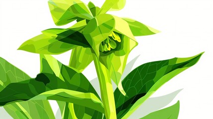   A high-resolution image of a lush green leafy plant against a stark white background and set against a serene blue sky