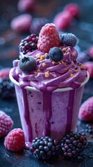 Berry Delight Smoothie in a Cup - Tempting berry smoothie topped with fresh raspberries, blueberries, and blackberries. Perfect for food and beverage themes.