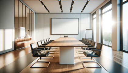 A modern conference room with a large blank poster on the wall, wooden table, and chairs, lit by natural sunlight. Generative AI