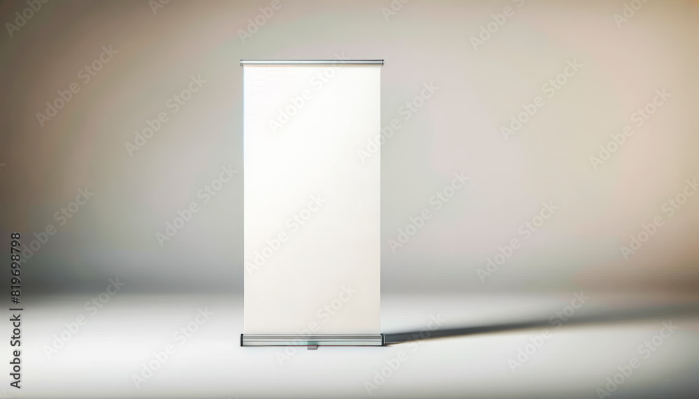 Poster a blank roll up banner displayed in a room, with a gradient background, for advertising or presentat