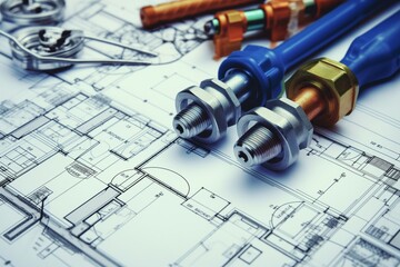 Close-up of plumbing equipment on house plans