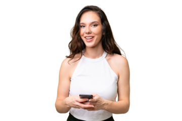 Young caucasian woman isolated over isolated background surprised and sending a message