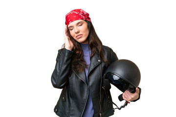 Young caucasian woman with a motorcycle helmet over isolated background with headache