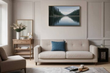 a large framed picture of the winter lake in an elegant living room with sofa and coffee table, a painting hanging on wall