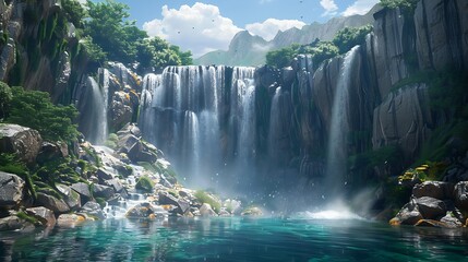A majestic waterfall flowing over a series of rocky ledges into a crystal-clear pool below.