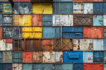 urban wall of rusted and colourful shipping containers stacked on top of each other, the panels have different colours and textures, photorealistic // ai-generated 