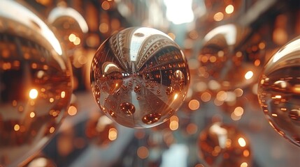   A sharp focus on a mirror ball in a dimly lit room with glowing light sources behind it and an out-of-focus depiction of a distant building in the background - Powered by Adobe