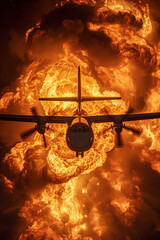 vehicles by ai, airplane escaping from a fire wall, big explosion, silhouette, photorealistic // ai-generated 