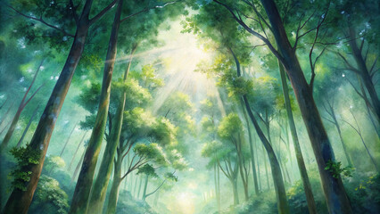 Panoramic view of a lush forest canopy with sunlight filtering through the leaves, creating a tranquil atmosphere 