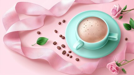   A cup of cappuccino on a saucer surrounded by coffee beans and pink roses on a pink background is an image that can be optimized for SEO by adding relevant keywords such as