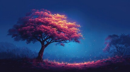   A vibrant depiction of a solitary tree, bathed in radiant sunlight emanating from above, graces the center of an expansive field