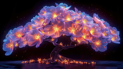   A tree with abundant flowers adorned on its limbs and illuminated by lights