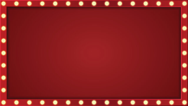 Retro light box frame border with 16:9 aspect ratio, red shining marquee banner for web, presentation, thumbnail, vector isolated, cut out.