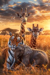 A tiger, an elephant, and a giraffe walk through the savanna