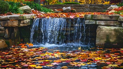 A picturesque waterfall flowing over colorful autumn leaves into a tranquil pool below.