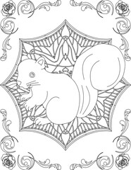 Naklejka premium Squirrel on Mandala Coloring Page. Printable Coloring Worksheet for Adults and Kids. Educational Resources for School and Preschool. Mandala Coloring for Adults