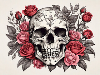 Skull with roses and hand drawn petals