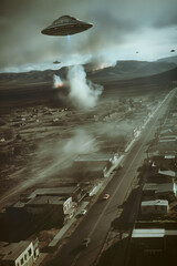 ufo, uap, aav, at alien invasion over small town, vintage, flying saucers, photorealistic // ai-generated 