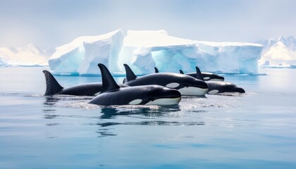 Fototapeta premium Groups of Orcas or killer whales swim and hunt for prey, the top of the food chain in a sea of ​​ice floes