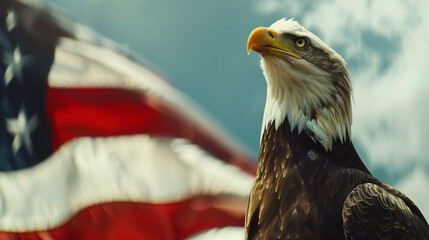 Naklejka premium Bald Eagle Standing in Front of American Flag