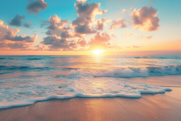 Seascape Serenity: Tranquil Beach Sunset with Pastel Clouds