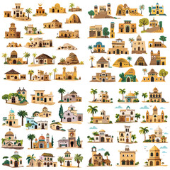 Obraz premium Beautiful collection of Middle Eastern and Mediterranean architectural styles, showcasing domes, arches, and traditional elements in warm tones and scenic settings.