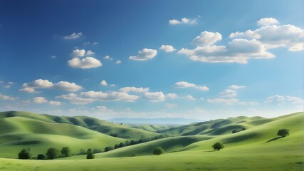 HD footage of a serene rural landscape with undulating hills and a clear blue sky 