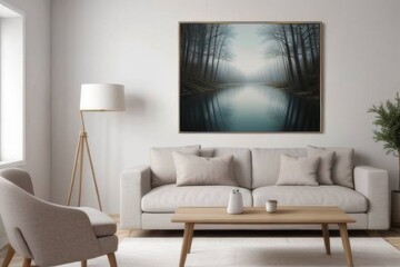a large framed picture of the winter lake in an elegant living room with sofa and coffee table, a painting hanging on wall