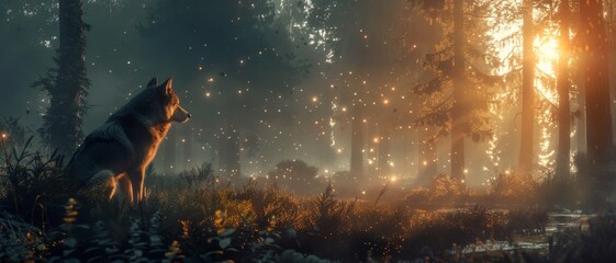 A solitary wolf sits in a misty forest at sunrise, bathed in ethereal golden light, creating a serene and mystical atmosphere.
