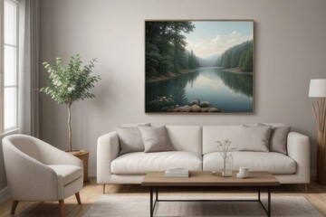 a large framed picture of the winter lake in an elegant living room with sofa and coffee table, a painting hanging on wall