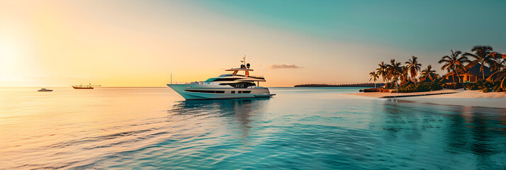 Exclusive and Secluded Yachting Destination: Pristine Beach with Luxury Yacht Moored Offshore