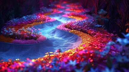 A vibrant, glowing, enchanted path in a magical forest, lined with colorful flowers. A dreamy, fantasy landscape come to life.
