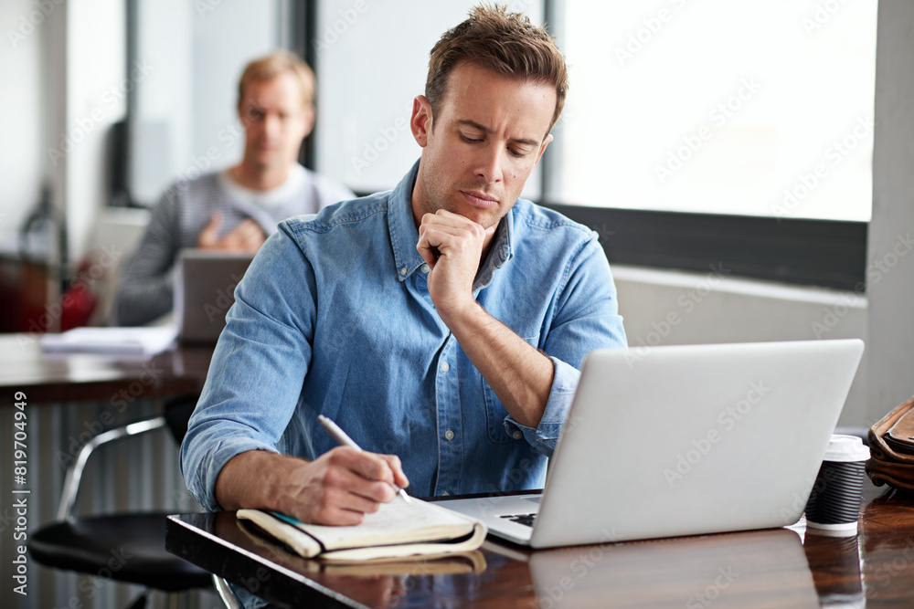 Poster Man, thinking and laptop in office with writing notes for info, planning project design and internet for email. Male programmer, coding language and research on computer for software development idea