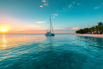 Exclusive and Secluded Yachting Destination: Pristine Beach with Luxury Yacht Moored Offshore