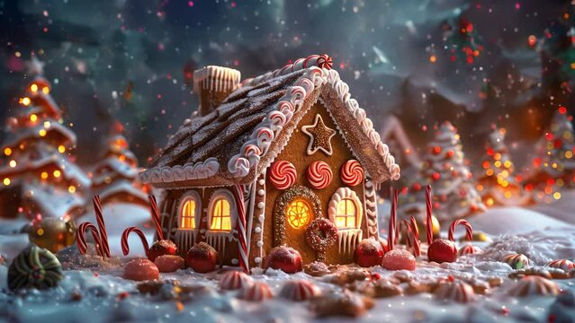 3D gingerbread house with candy decorations under a starry sky