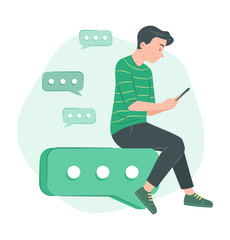 Man Sitting on Big Chat Icon and Chat on Mobile Phone for Telecommunication Concept Illustration