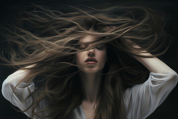 pose of a girl shaking her hair so that it covers her entire face