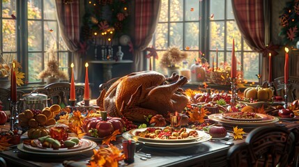 Thanksgiving Feast: Illustrate a warm Thanksgiving dinner with family and friends gathered