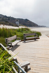 benches at a bridges on the foggy morning Stinson beach, california