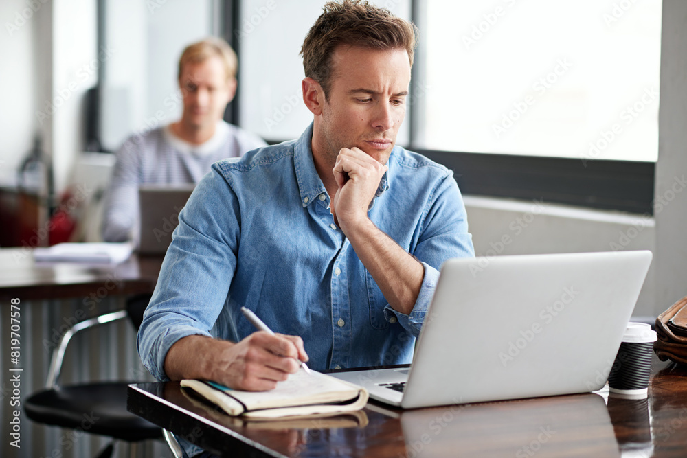 Poster Man, thinking and laptop in modern office with notes for info, planning project design and internet for email. Male programmer, coding language and research on computer for software development ideas