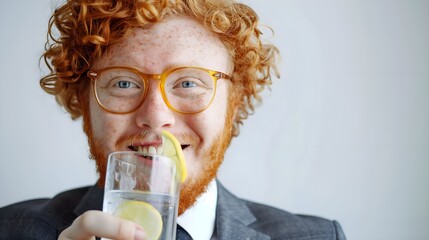 smiling man with red curls and beard holding refreshing lemon water in close-up